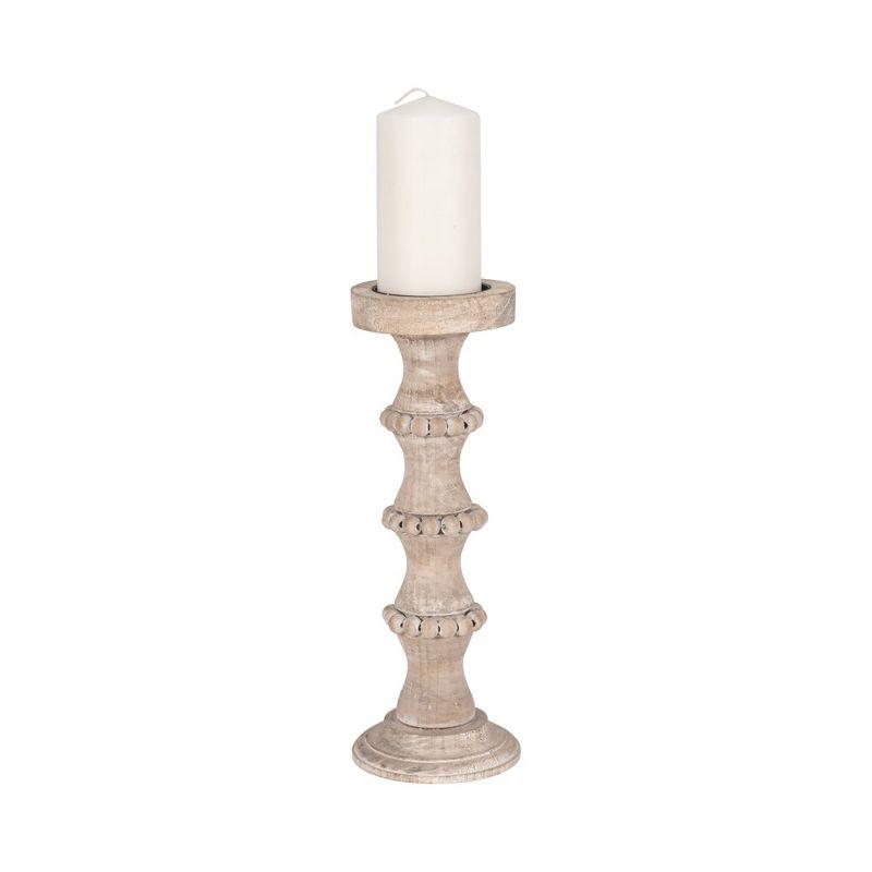 Ivory-Beige 14" Wood Pillar Candle Holder with Beads