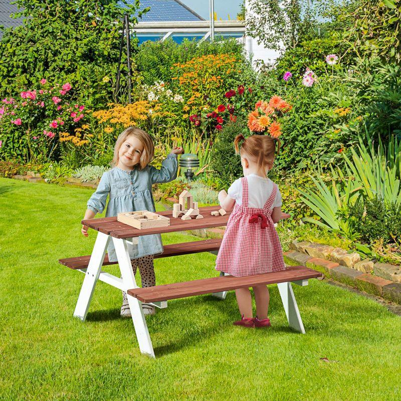 Outsunny Kids Picnic Table Set for Garden, Backyard, Wooden Table & Bench Set, Kids Patio Furniture Outdoor Toys, Aged 3-8 Years Old, Brown