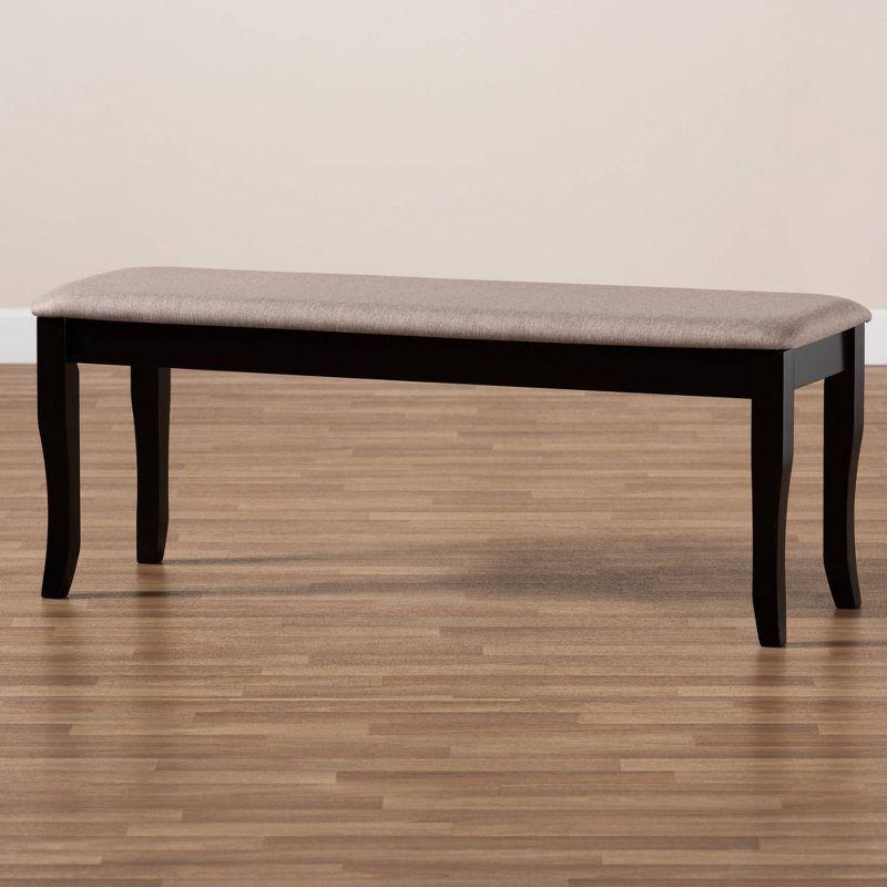 Sand Fabric Upholstered Dark Brown Wood Dining Bench