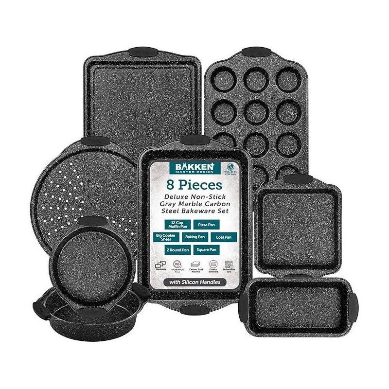 BAKKEN 8-Piece Kitchen Oven Baking Pans Set - Deluxe Nonstick Gray Marble Coating, Professional Grade Carbon Steel Bakeware with Silicone Handles