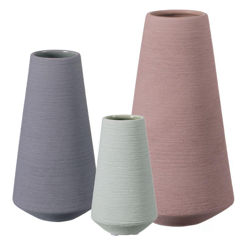 Uniquewise Decorative Ceramic Round Cone Shape Centerpiece Table Vase Set of 3, Pink Large, Gray Medium, and Green Small