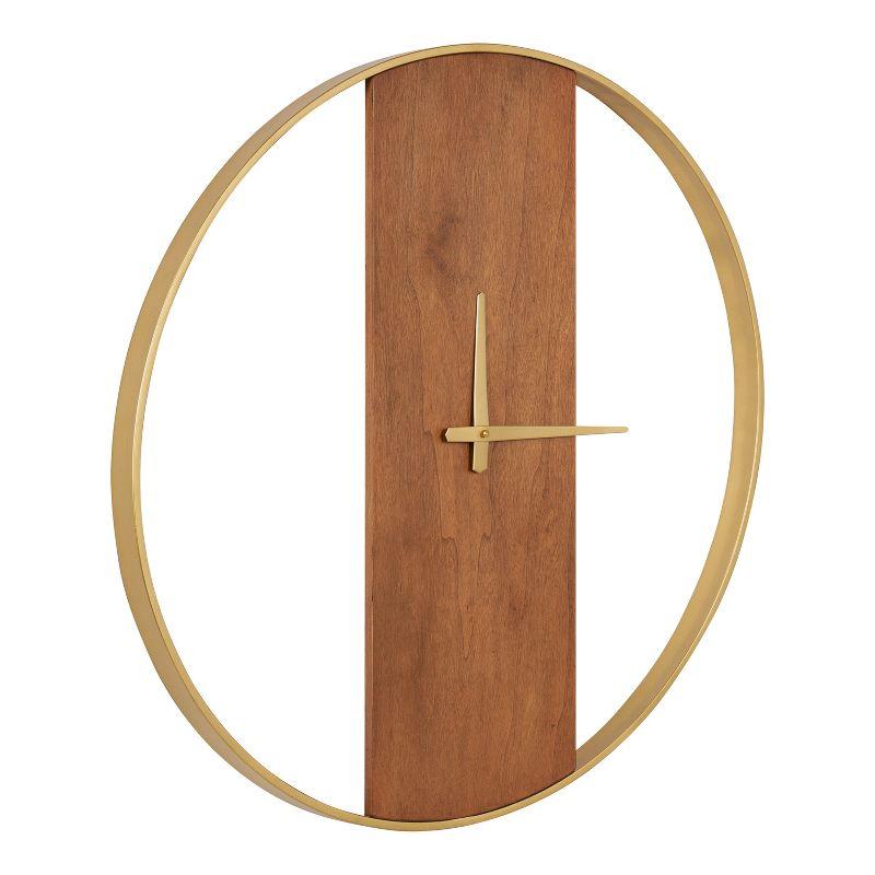 24" Walnut Brown and Gold Metal Round Wall Clock