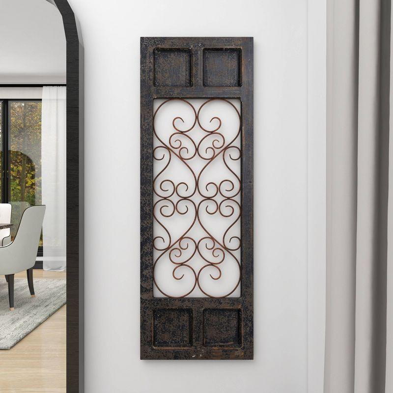 Olivia & May Traditional Wood Scroll Window Inspired Wall Decor with Metal Scrollwork Relief Brown: Vertical Iron Frame, Carved Art Object