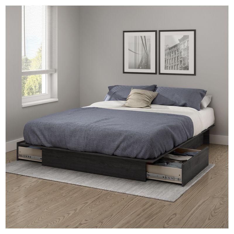 Queen-Sized Oak Wood Frame Platform Bed with Upholstered Storage Drawers