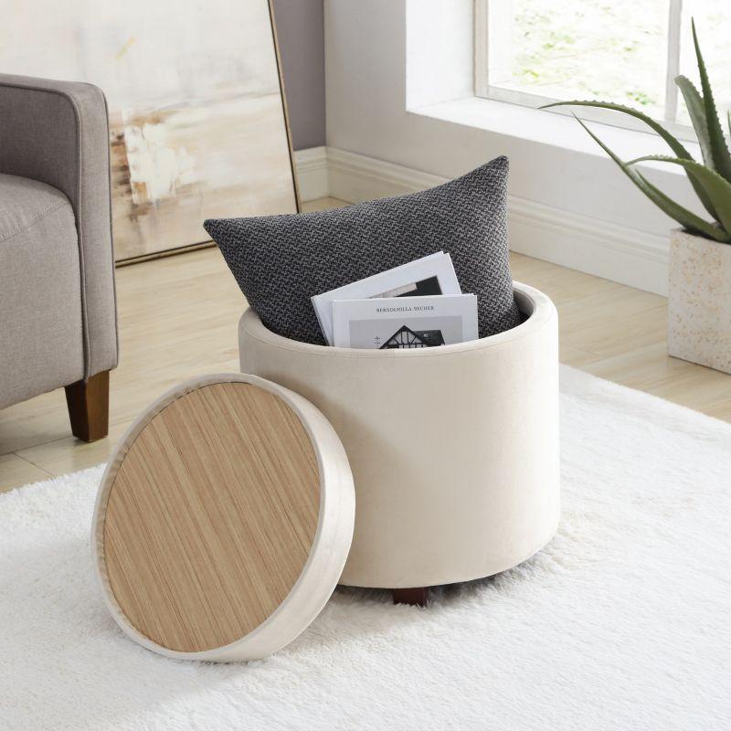 Ornavo Home Lawrence Round Storage Ottoman with Table Top Lid - Velvet Cream