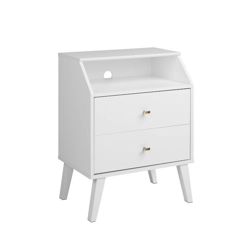 White Mid Century Modern 2-Drawer Nightstand with Brass Knobs