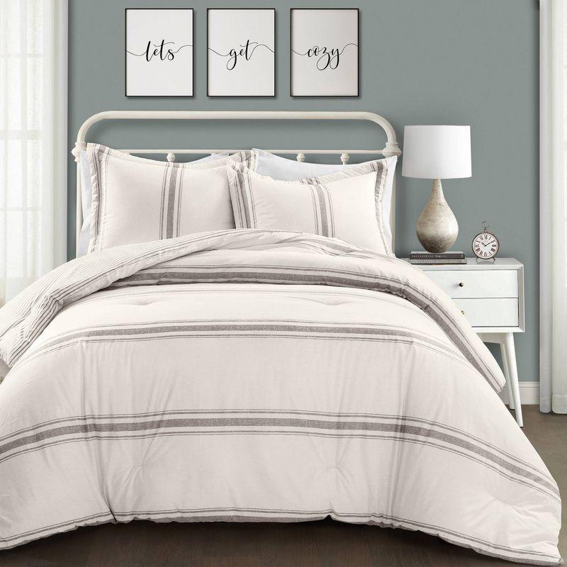 3pc King Farmhouse Stripe Reversible Comforter & Sham Set Gray - Lush Décor