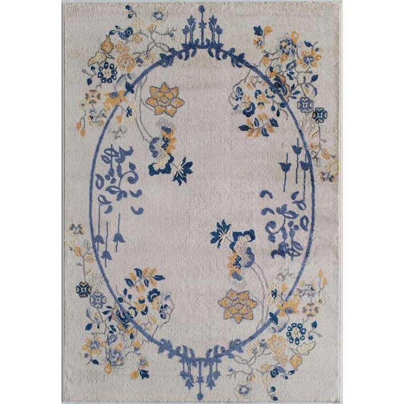 Gold Magnolia and White Floral Synthetic Area Rug, 2' x 4'