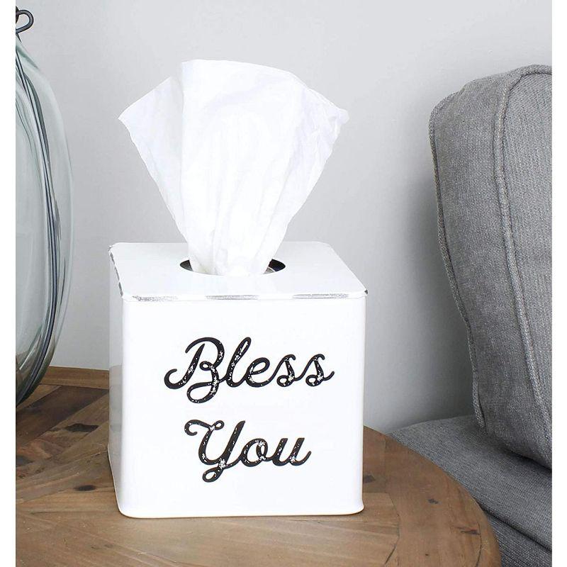 White Enamelware Square Tissue Box Cover with Bless You Text