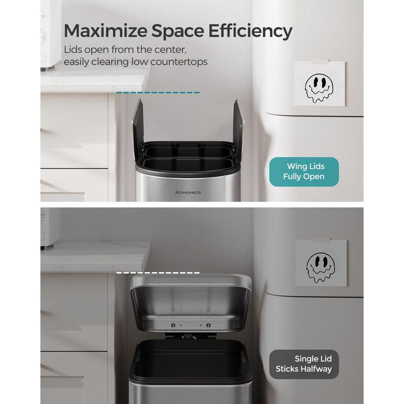 SONGMICS 13-Gal ( 50L ) Dual Kitchen Trash Can,Garbage Can with Wing Lids, Stainless Steel, Soft Close, Inner Buckets, with 15 Trash Bags, Silver