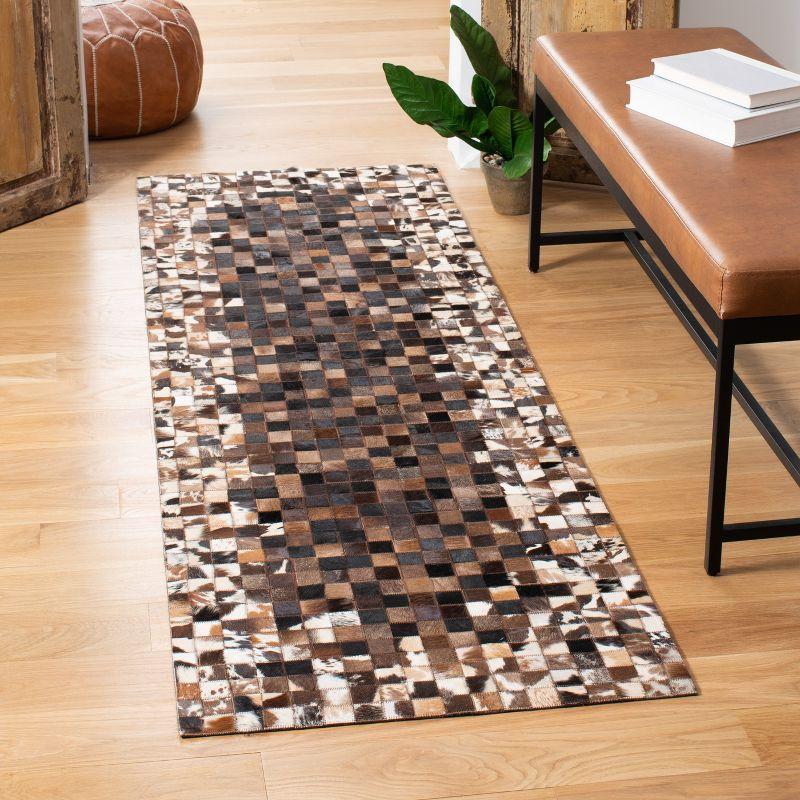 Hand-Stitched Geometric Beige & Brown Cowhide Area Rug