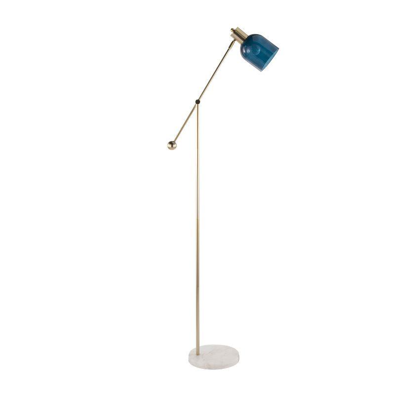 Marcel 73" Contemporary White Marble & Gold Metal Floor Lamp with Blue Glass Shade