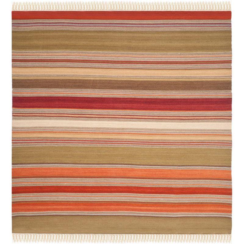 Southwestern Vibe Red Stripe Handwoven Wool 7' Square Rug