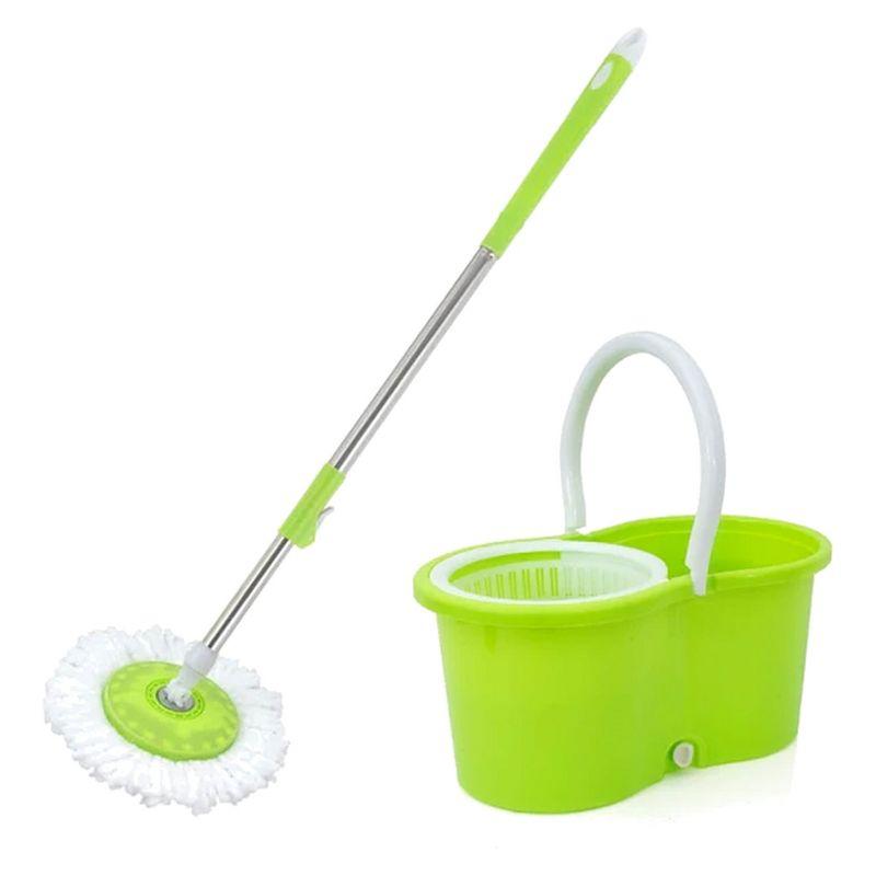 Green Extendable Spin Mop and Bucket Set with Microfiber Heads