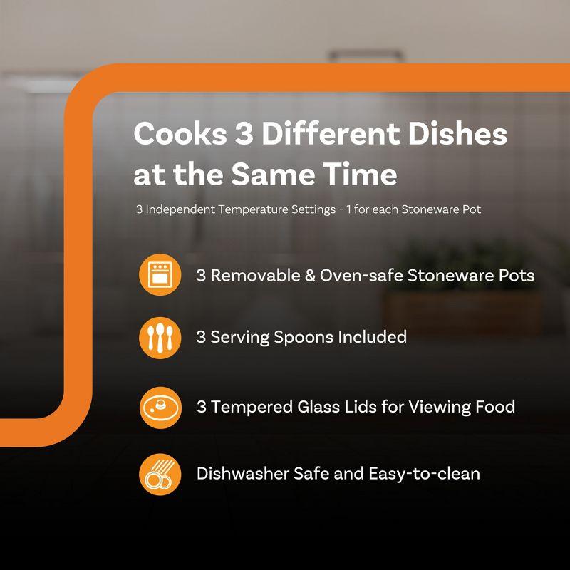 Complete Cuisine Stainless Steel Triple Slow Cooker, Buffet Food Server with Removable Ceramic Pots, Glass Lids for Kitchen, 2.5 Quart, Black/Silver