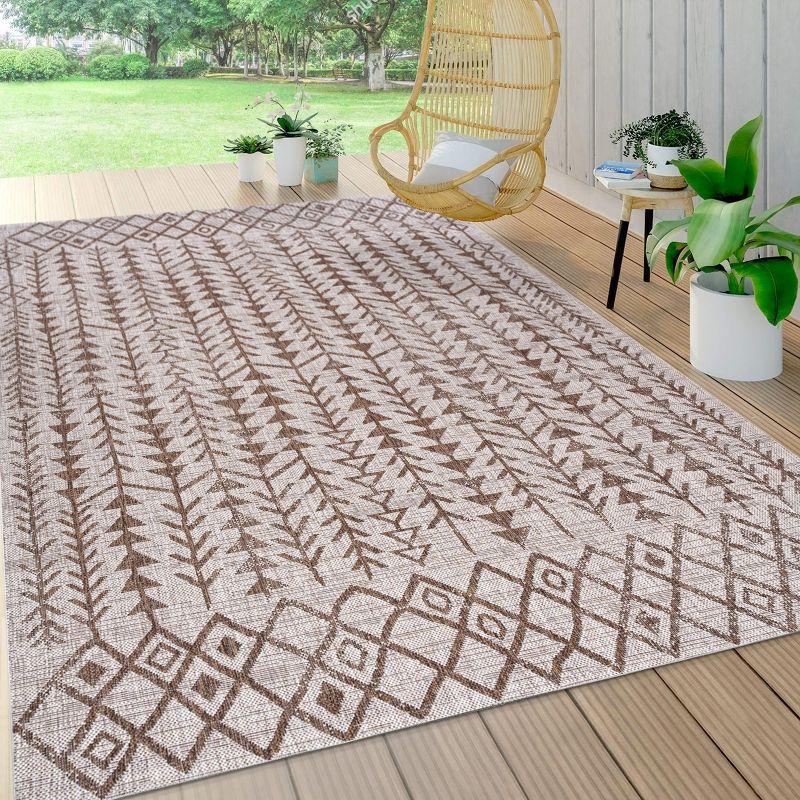 Beige and Brown Geometric Bohemian Indoor/Outdoor Area Rug