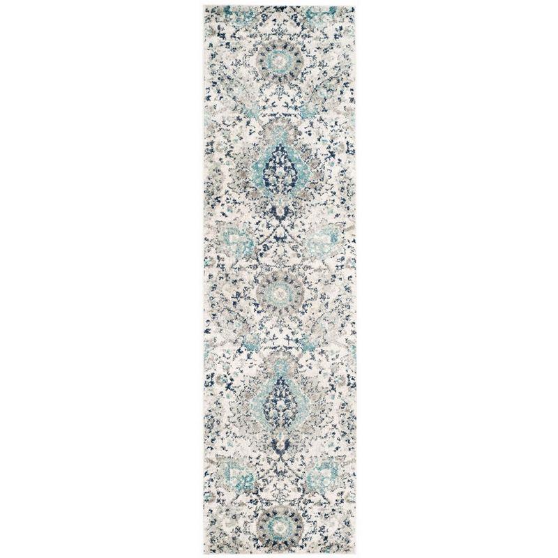 Gray and Blue Floral Motif Synthetic Runner Rug