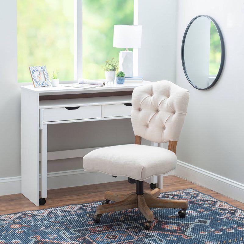 Kelsey Swivel Office Chair with Tufted Back in White and Natural Wood