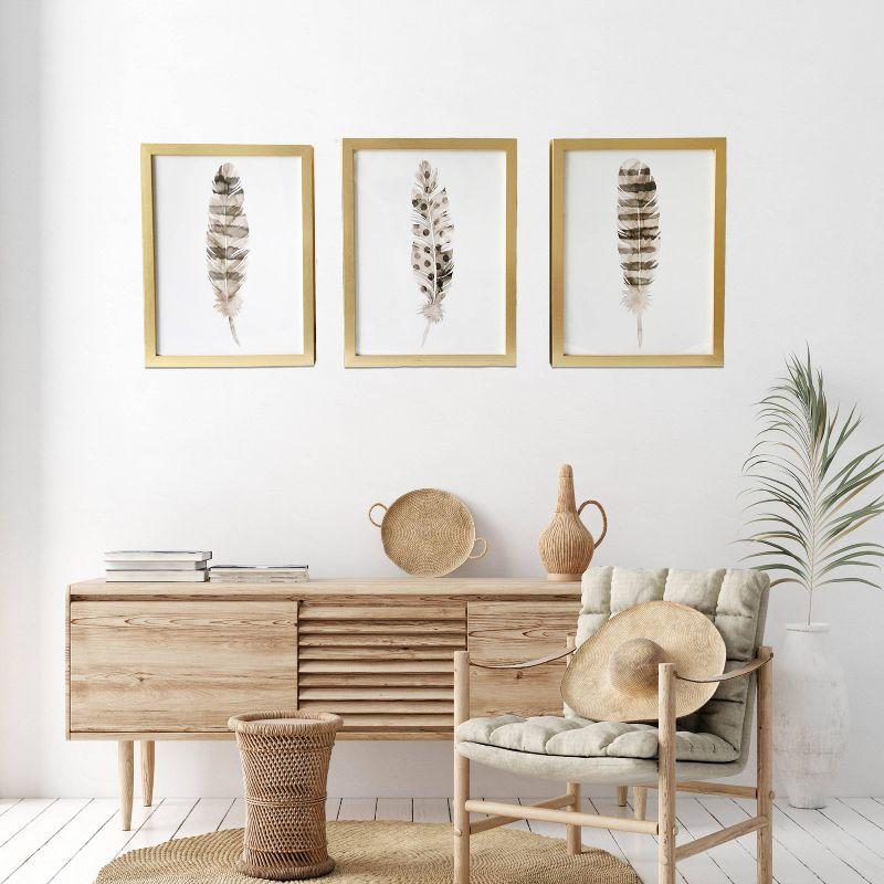 Set of 3 Gold-Framed Feather Prints on Canvas