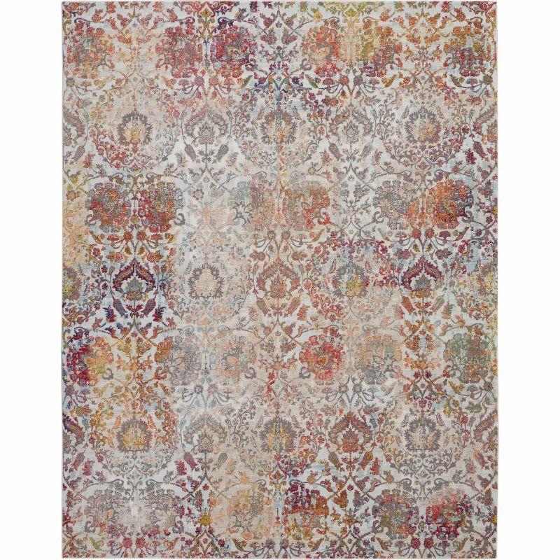 Ivory and Orange Floral Synthetic 8' x 10' Easy Care Area Rug