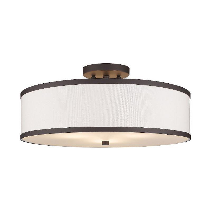 Bronze Contemporary 3-Light Semi-Flush Mount with Off-White Fabric Shade