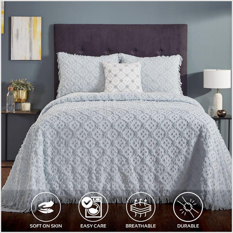 Better Trends Charleston Collection 100% Cotton Bedding sets, Machine Washable Soft and Breathable 4-piece Chenille Bedspread & Sham with Geometric Embroidery, All season