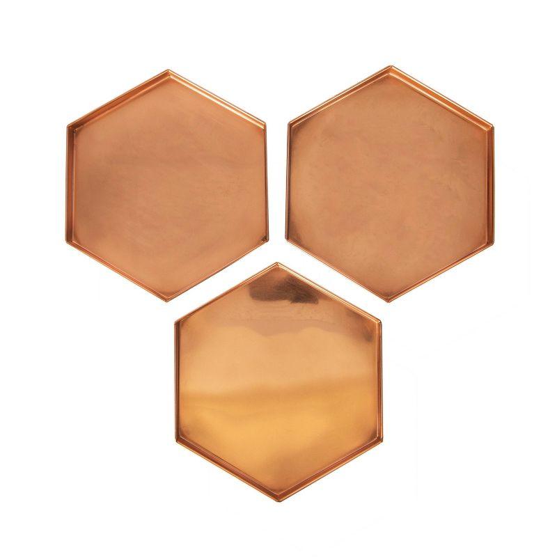 9" 3pc Decorative Hexagonal Stainless Steel Trays Copper Plated Finish - ACHLA Designs: Handmade, Rolled Edges, Indoor/Outdoor Use