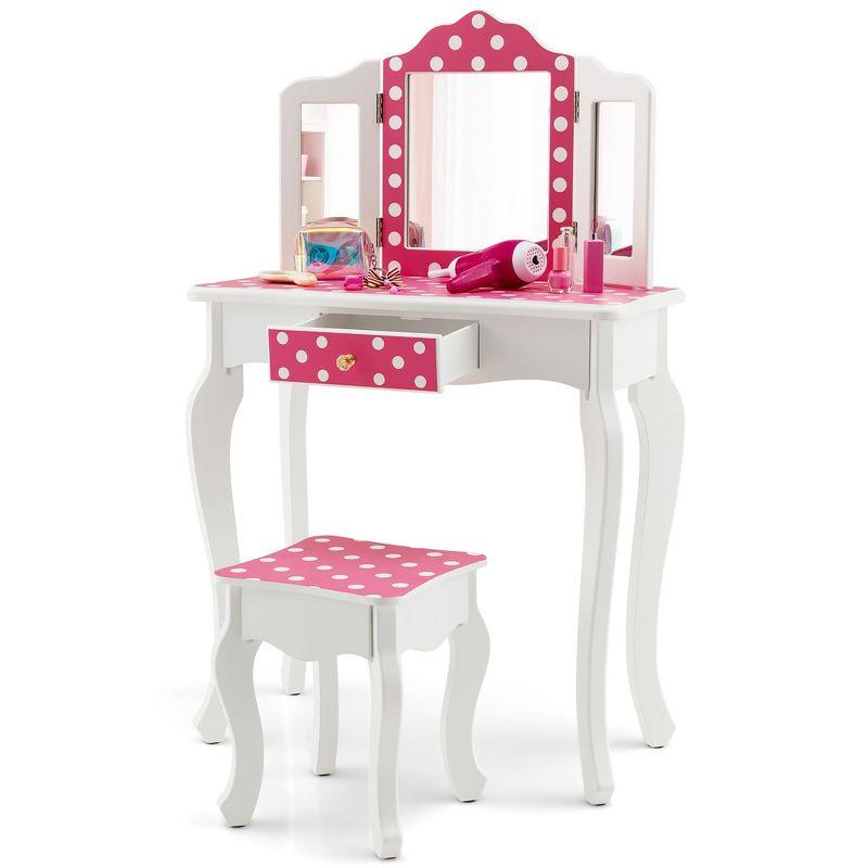 Pink Polka Dot Kids Vanity Set with Tri-Folding Mirror and Stool