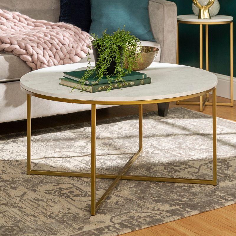 Round White Faux Marble and Gold Metal Coffee Table