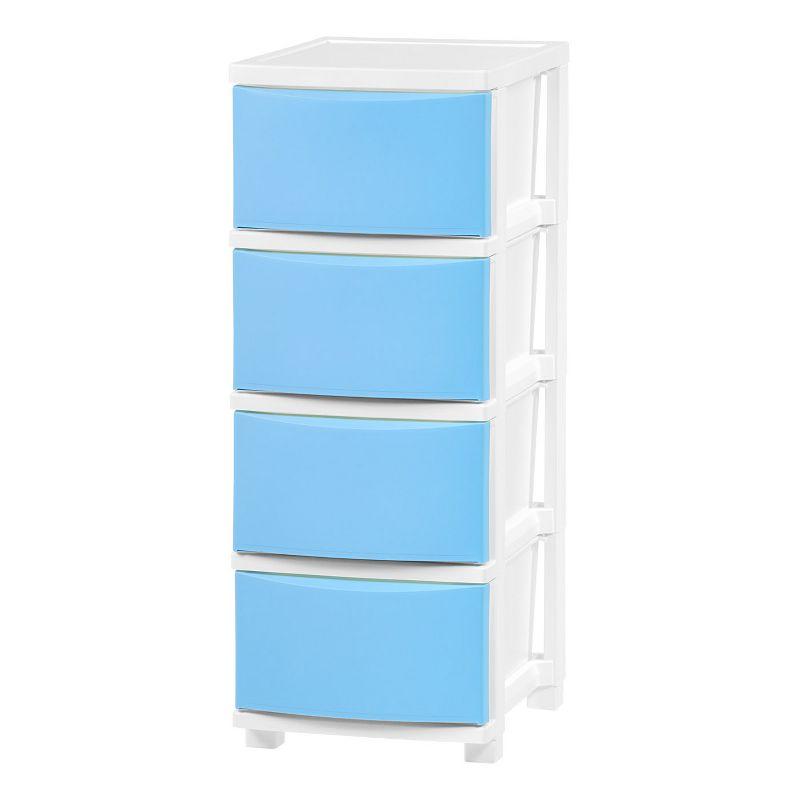 Slim White and Blue Plastic 4-Drawer Storage Cart