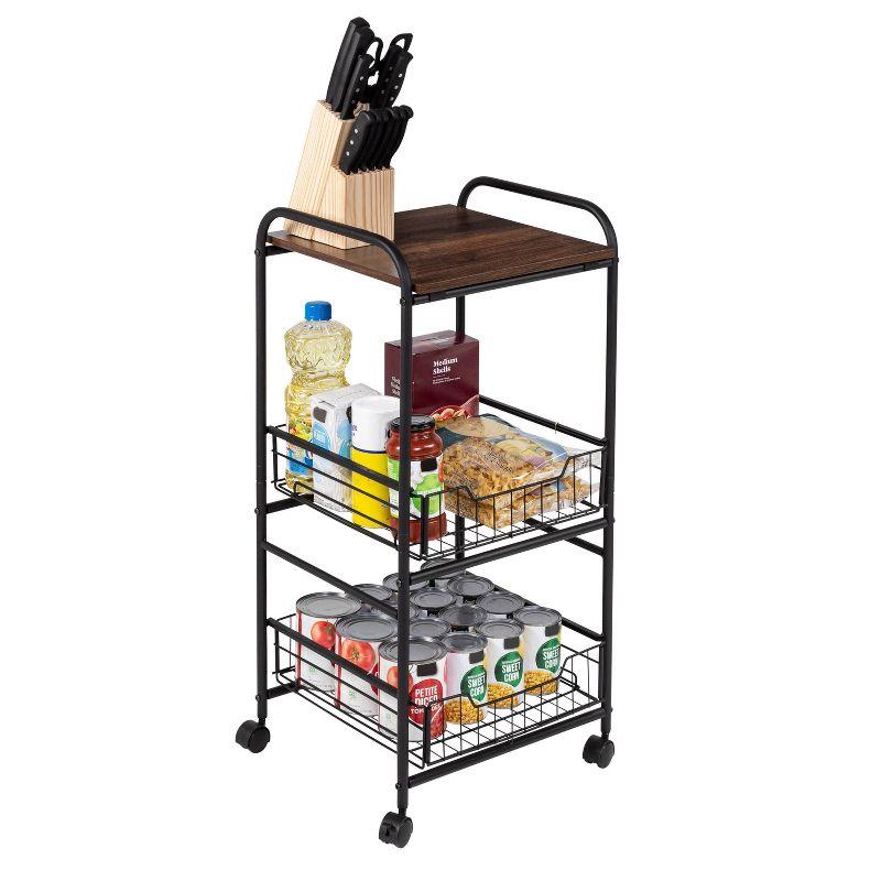 Honey-Can-Do 3 Tier Slim Rolling Cart with Pull Out Baskets