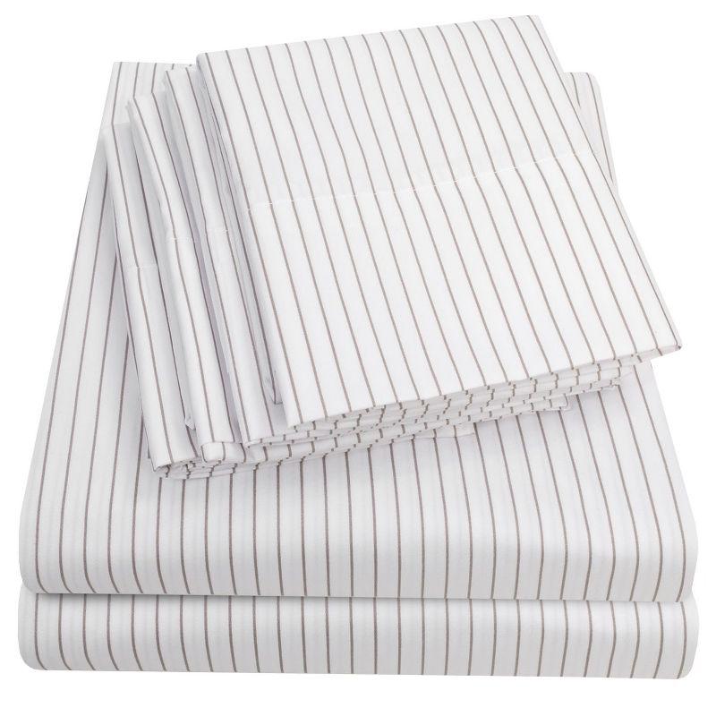 6 Piece Pinstripes Printed Sheet Set, Deluxe Ultra Soft 1500 Series, Double Brushed Microfiber by Sweet Home Collection®- Queen, White