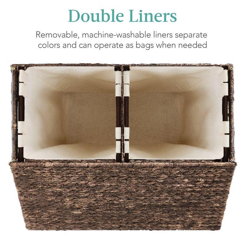 Best Choice Products Large Natural Water Hyacinth Double Laundry Hamper Basket w/ 2 Liner Bags, Handles - Espresso