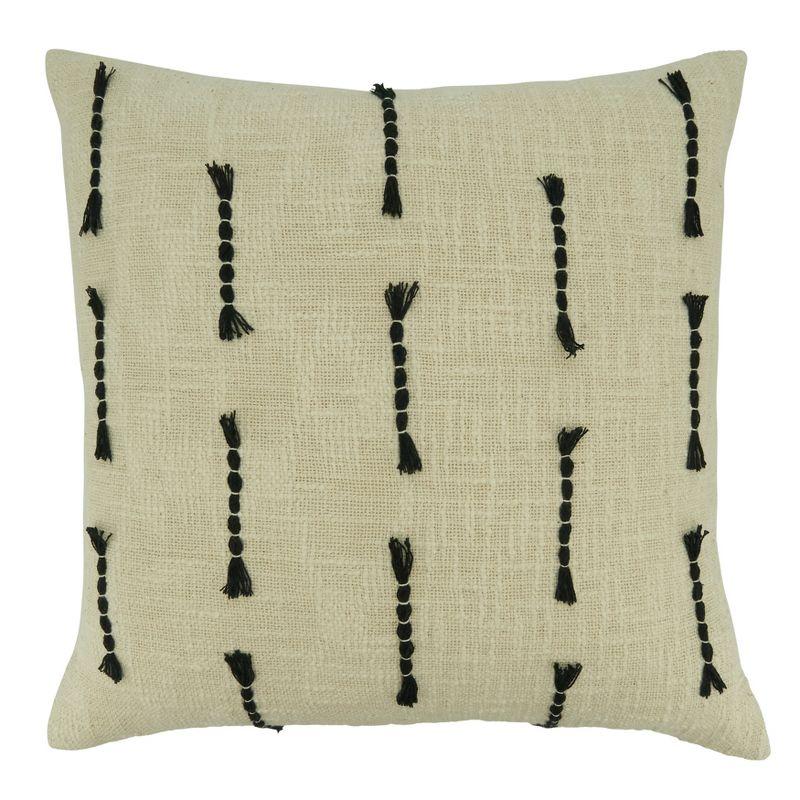 Beige Cotton Throw Pillow with Black Frayed Stitch Design