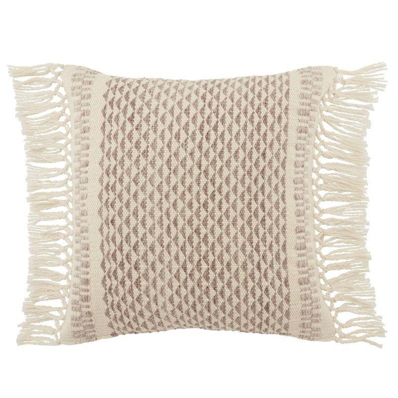 Taupe and Ivory Geometric Polyester Throw Pillow with Tassels