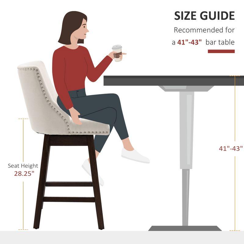 HOMCOM 28" Swivel Bar Height Bar Stools Set of 2, Armless Upholstered Barstools Chairs with Nailhead Trim and Wood Legs, Cream White
