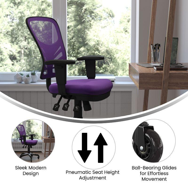Flash Furniture Nicholas Mid-Back Purple Mesh Multifunction Executive Swivel Ergonomic Office Chair with Adjustable Arms and Transparent Roller Wheels