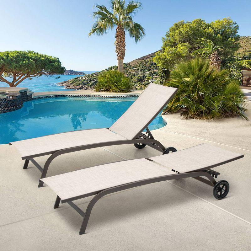 2pc Outdoor Adjustable Chaise Lounge Chairs with Wheels - Beige - Crestlive Products: Aluminum Frame, Rust & Weather-Resistant