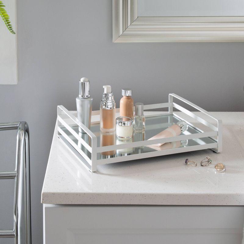 Large Silver Vanity Tray with Mirrored Base and Wired Rails