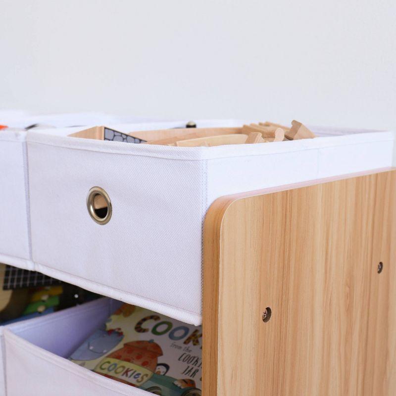 Natural Wood and White 3-Tier Toy Storage Organizer with 9 Fabric Bins