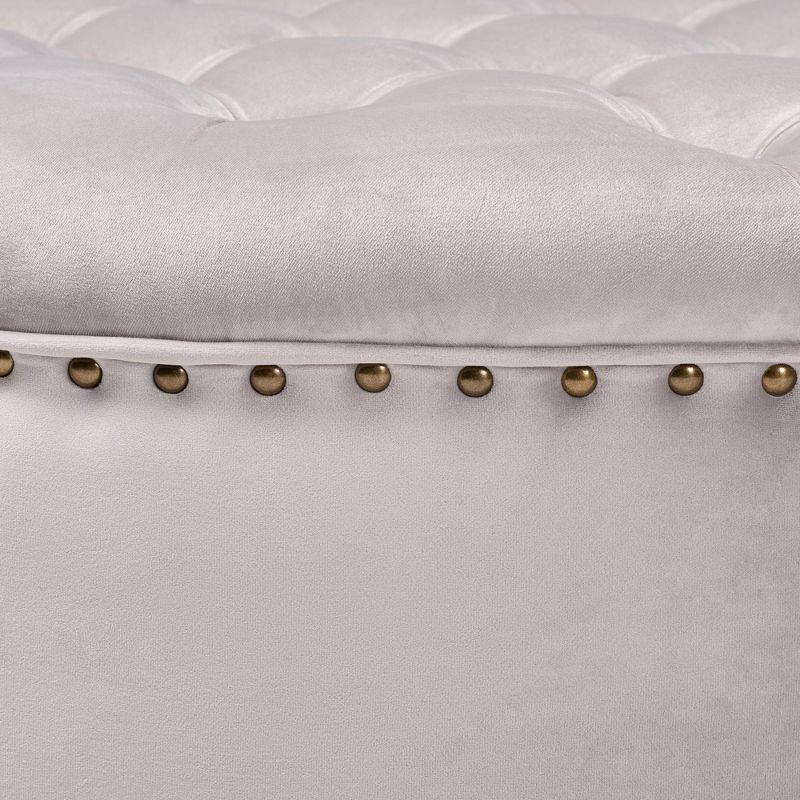 Baxton Studio Iglehart Velvet Tufted Cocktail Ottoman Gray: Eucalyptus Frame, Brass Tacks, Black Legs