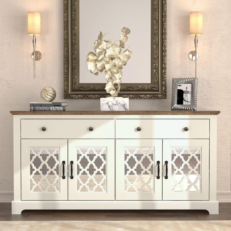 Galano Heron Ivory and Knotty Oak Wood 59.1in. 4 Door Wide Sideboard with Adjustable Shelves and Drawers Galano