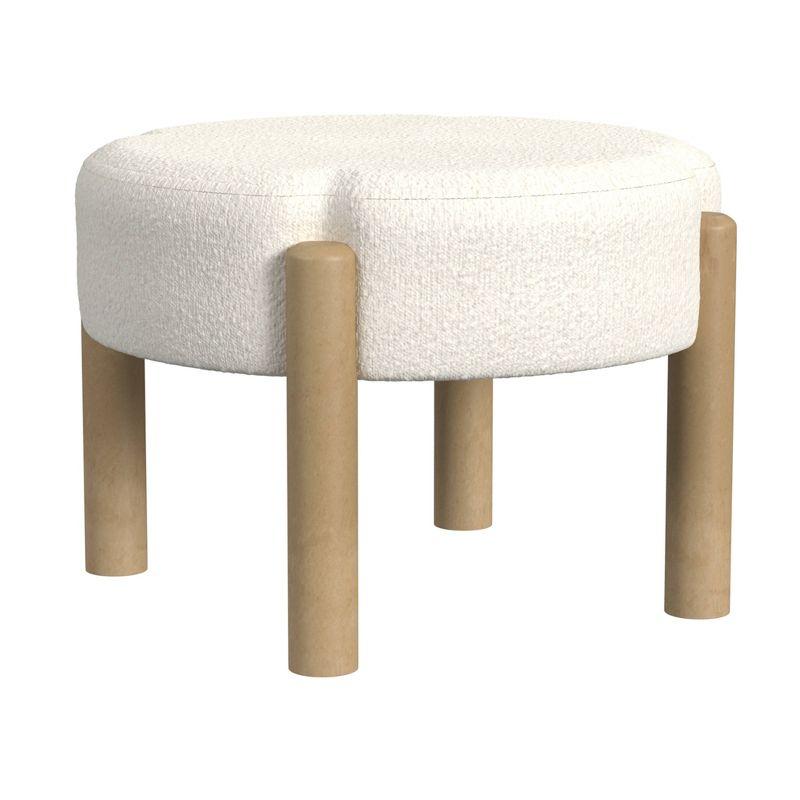 Nordic Off-White Boucle Round Ottoman with Wooden Legs