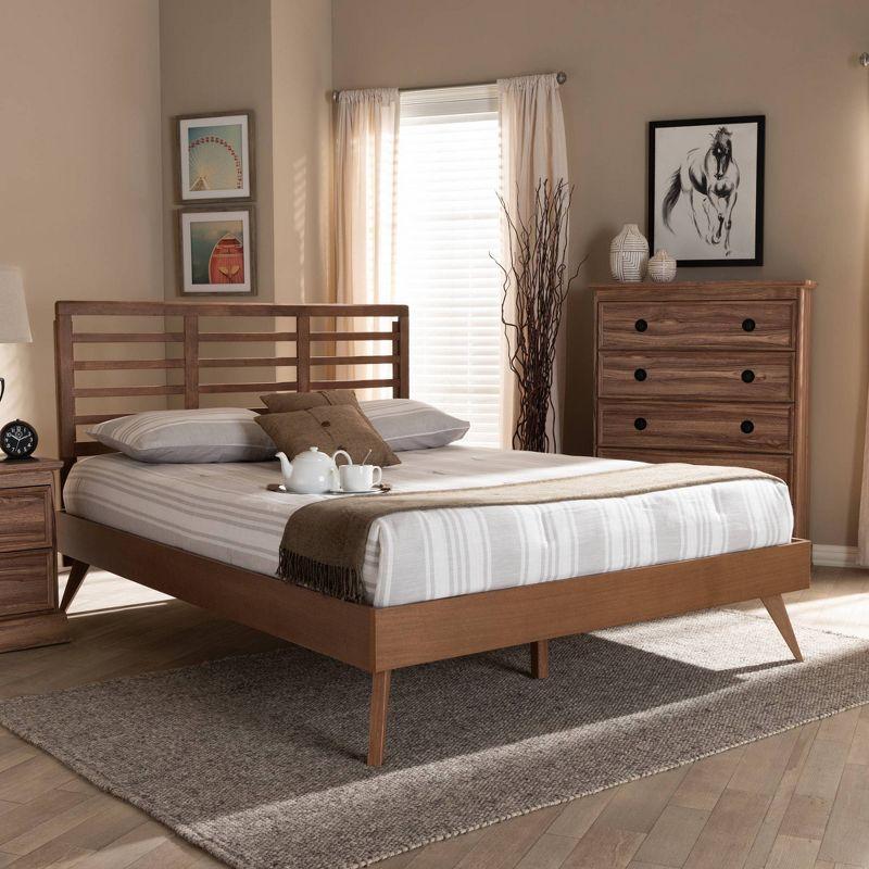 King Calisto Walnut Finished Wood Platform Bed Brown - Baxton Studio: Mid-Century Modern Design, Angled Legs