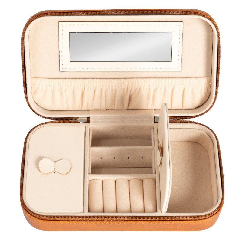 Household Essentials Vegan Leather Travel Jewelry Organizer Box Caramel: Rectangle Decorative Storage, 7.09" x 3.94" x 1.97"