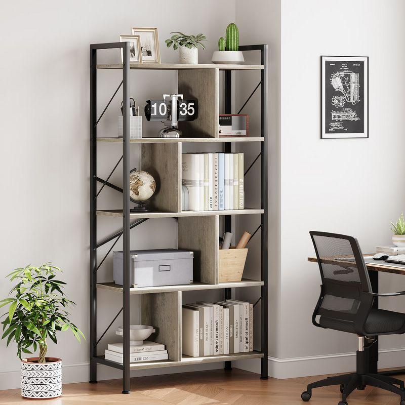 5 Tier Bookshelf with Storage, 61 Inch Tall Industrial Book Shelf for Living Room, Bedroom and Home Office