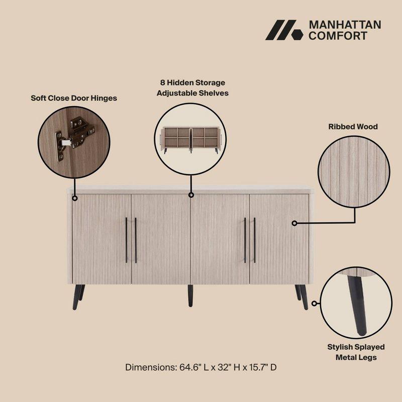 Manhattan Comfort Jodie 65" Mid-Century Modern Sideboard with 8 Adjustable Shelves in Whitewashed Oak