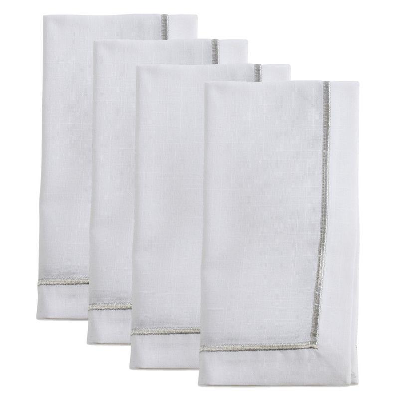 White and Silver Embroidered Polyester Dinner Napkin Set