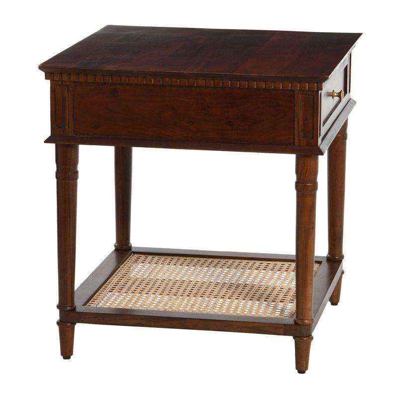 Storied Home Maxwelton Solid Wood End Accent Table Dark Chestnut/Natural: Traditional Style, Cane Shelf, Hidden Compartment