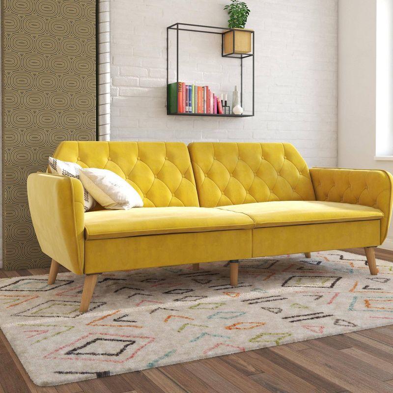 Tallulah Memory Foam Futon and Sofa Bed Mustard Yellow - Novogratz: Velvet Upholstery, Split-Back Design, Wooden Legs